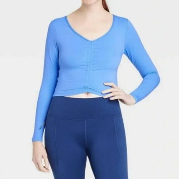 Women's Flex Shirred Cropped Long Sleeve All in Motion Vibrant pink green blue M - Picture 4 of 12